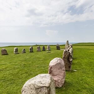 The standing stones in a shape of a ship known as Als Stene (Aleos Stones) (Ales Stones), Baltic Sea, southern Sweden, Scandinavia, Europe