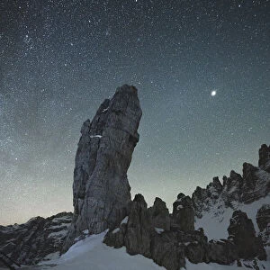 Stars over the Frankfurter Wurstel (Salsiccia) rock and Monte Paterno, Sesto Dolomites