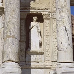 Statue in facade of reconstructed Library of Celsus