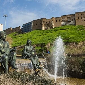 Statues and fountains below the citadel of Erbil (Hawler), capital of Iraq Kurdistan, Iraq, Middle East