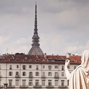 Statues in front of Gran Madre di Dio look over to Mole Antonelliana, Turin, Piedmont, Italy, Europe