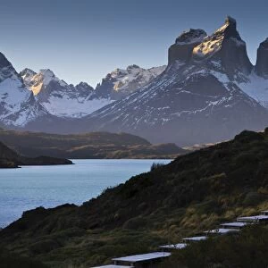 Steps, Torres del Paine at sunset, Torres del Paine National Park, Patagonia, Chile, South America