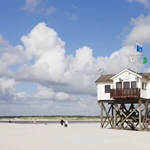 Stilt houses on a beach, Sankt Peter Ording, Eiderstedt Peninsula, Schleswig Holstein, Germany, Europe