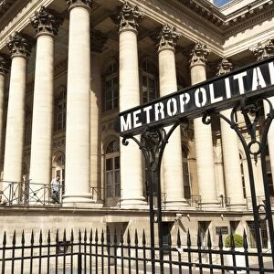 Stock Exchange (La Bourse) and Metropolitain sign at entrance to metro, Place de la Bourse, Paris, France, Europe