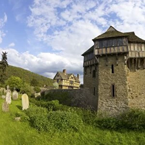 Stokesay Castle, a fortified medieval manor house in spring sunshine, Shropshire