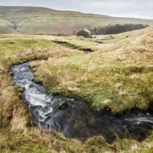 Stream and cottage, above Buckden, Wharfedale, Yorkshire Dales, Yorkshire, England
