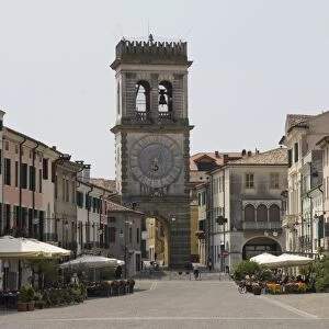 Street cafes and the Town Gate with ornamental clock tower, Este, Veneto, Italy, Europe