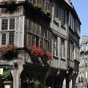Street of half timbered houses, Dinan, Cotes d Armor, Brittany, France, Europe