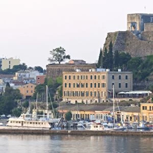Summer dawn, Corfu Town fortifications and harbour from the sea, UNESCO World Heritage Site, Corfu, Ionian Islands, Greek Islands, Greece, Europe