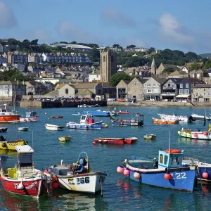 Summer sunshine on boats in the old harbour, St. Ives, Cornwall, England, United Kingdom, Europe