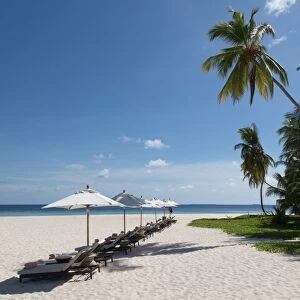 Sun loungers on the beach on an island in the Northern Huvadhu Atoll, Maldives, Indian Ocean, Asia