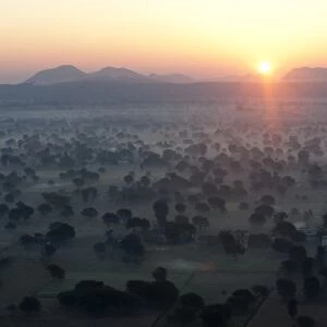 Sun rising over the hills and countryside surrounding Samode, from hot air balloon