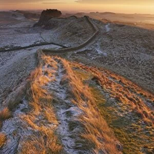 Sunrise on Hadrians Wall National Trail in winter, looking to Housesteads Fort, Hadrians Wall, UNESCO World Heritage Site, Northumberland, England, United Kingdom, Europe