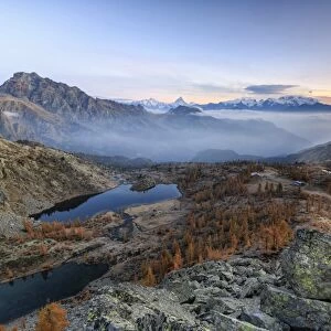 Sunrise on Matterhorn and Mount Rosa, Natural Park of Mont Avic, Valle d Aosta, Graian Alps