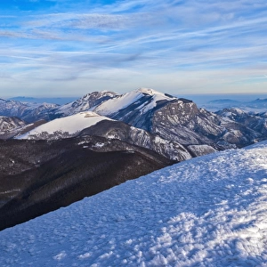 Sunrise on Mountain Catria from the summit of Cucco in winter, Apennines, Umbria