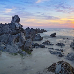 Sunset over Atlantic, Combesgate Beach, Woolacombe, Devon, England, United Kingdom, Europe