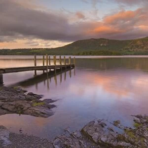 Sunset, Hawes End landing stage jetty, Derwent Water, Lake District, Cumbria