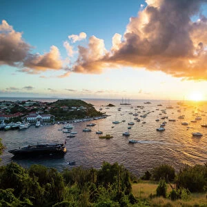 Sunset over the luxury yachts, in the harbour of Gustavia, St. Barth (Saint Barthelemy)