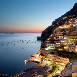 Sunset overlooking Positano on the Amalfi Coast, UNESCO World Heritage Site, Campania