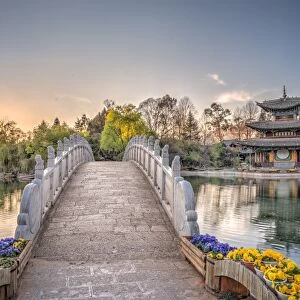 Suocui Bridge with Moon Embracing Pagoda at Heilongtan (Black Dragon Pool) in Lijiang, Yunnan, China, Asia
