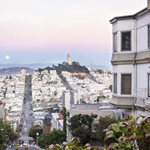 Super moon and view to Bay Area, including San Francisco-Oakland Bay Bridge, San Francisco