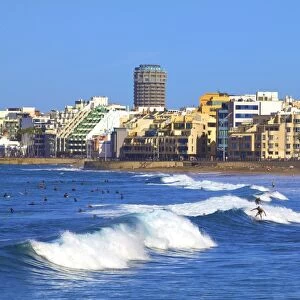 Surfers on Playa de las Canteras Beach, Santa Catalina District, Las Palmas de Gran Canaria