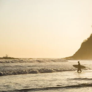 Surfers surfing on a beach at sunset, Nosara, Guanacaste Province, Pacific Coast