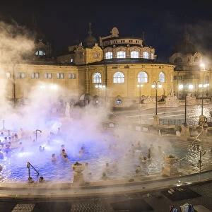 Szechenyi Thermal Baths at night, Budapest, Hungary, Europe
