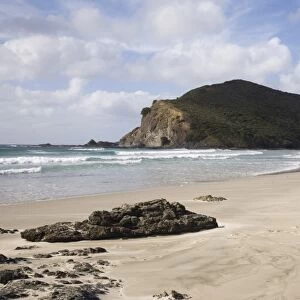 Tapotupotu Bay sandy beach with rolling waves and rocky headland on Pacific east coast