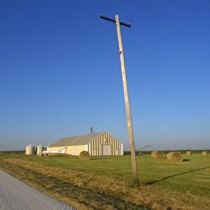 Telegraph pole and flat farm landscape with barn