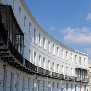 Terrace of Regency style Georgian houses with wrought iron balconies on The Royal Crescent