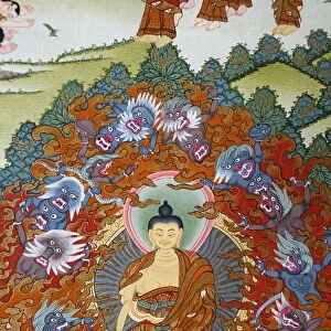 Thangka painting of the Buddha Sakyamuni surrounded by temptation, Bhaktapur, Nepal, Asia