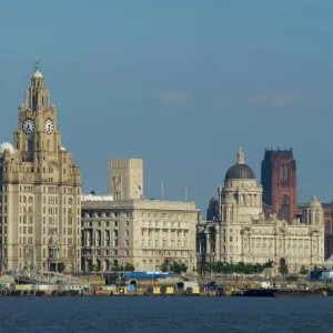 TheThree Graces and cathedral from the River Mersey ferry, Liverpool, Merseyside