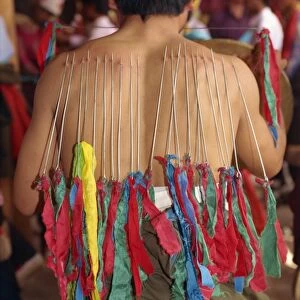 Back of a Tibetan man with needles inserted into skin in manhood rites in Qinghai Province