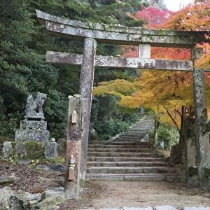 Torii gate and steps of Daisho-in temple in autumn, Miyajima Island, Western Honshu