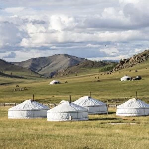 Tourist ger camp and Khangai mountains, Burentogtokh district, Hovsgol province, Mongolia