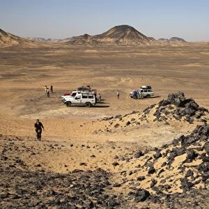 Tourist jeeps in the Black Desert, 50 km south of Bawiti, Egypt, North Africa, Africa