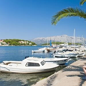 Tourist sitting in Lumbarda Harbor, Korcula Island, Dalmatian Coast, Adriatic, Croatia, Europe