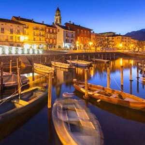 Touristic harbour of Ascona at dusk, Ascona, Lake Maggiore (Verbano), Canton of Ticino