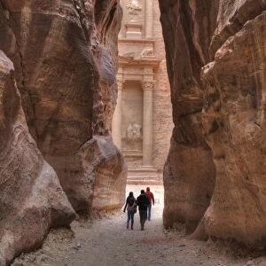 Tourists Approaching the Treasury from the Siq, Petra, UNESCO World Heritage Site