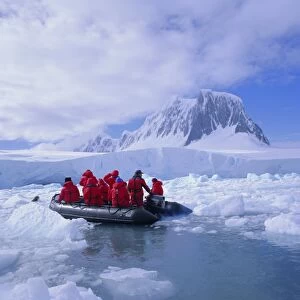 Tourists ice cruising in rigid inflatable boat approaching crabeater seal, Antarctica