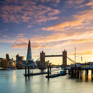 Tower Bridge, Butlers Wharf and The Shard at sunset taken from Wapping, London