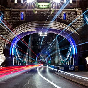 Tower Bridge at night, with light trails, London, England, United Kingdom, Europe