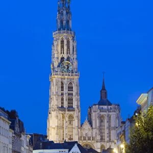Tower of Onze Lieve Vrouwekathedraal illuminated at night, Antwerp, Flanders