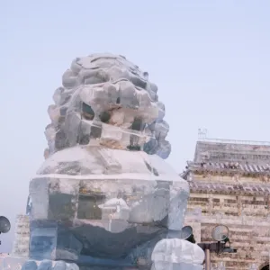 A traditional Chinese lion ice sculptures at the Ice Lantern Festival, Harbin