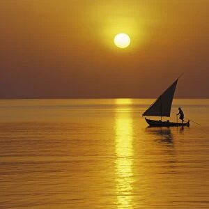 Traditional dhoni sailing at sunset, Maldives, Indian Ocean, Asia