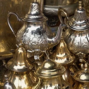 Traditional Moroccan teapots for sale in the souks, Marrakech, Morocco, North Africa, Africa