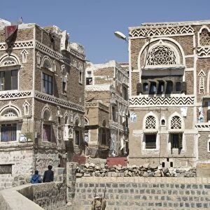 Traditional ornamented brick architecture on houses, Old City, Sana a