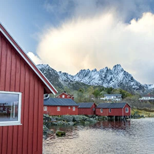 Traditional red wooden houses of fishermen at sunset, Ballstad, Vestvagoy, Nordland county, Lofoten Islands, Norway, Scandinavia, Europe