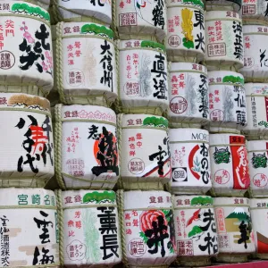 Traditional sake barrels at Meiji Jingu Shrine, Tokyo, Japan, Asia